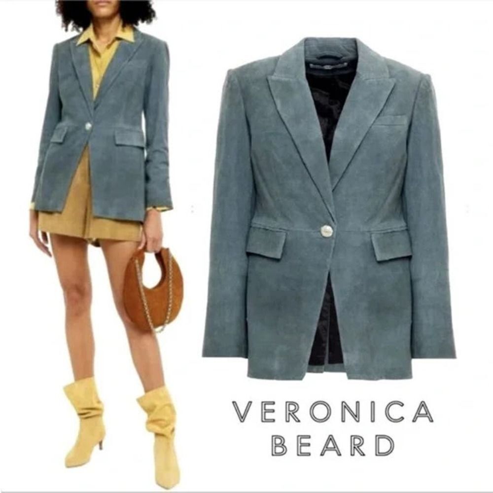 VERONICA BEARD Long and Lean Lamb Leather Blazer Jacket Size 10 Blue Suede
